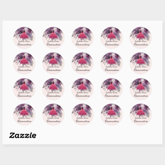 Roze jurk Quinceañera met Waterverf Paarse Ronde Sticker (Vel)