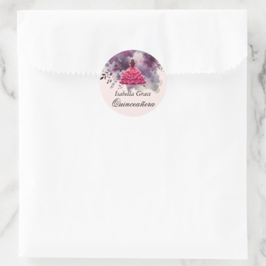 Roze jurk Quinceañera met Waterverf Paarse Ronde Sticker (Tas)