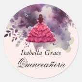 Roze jurk Quinceañera met Waterverf Paarse Ronde Sticker (Voorkant)
