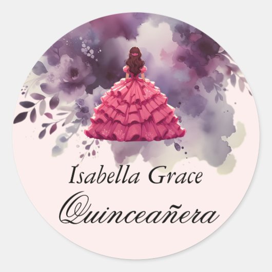 Roze jurk Quinceañera met Waterverf Paarse Ronde Sticker (Voorkant)