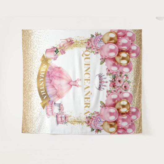 Roze Jurk Quinceañera Party Achtergrond Sparkle Wandkleed (Voorkant (horizontaal))