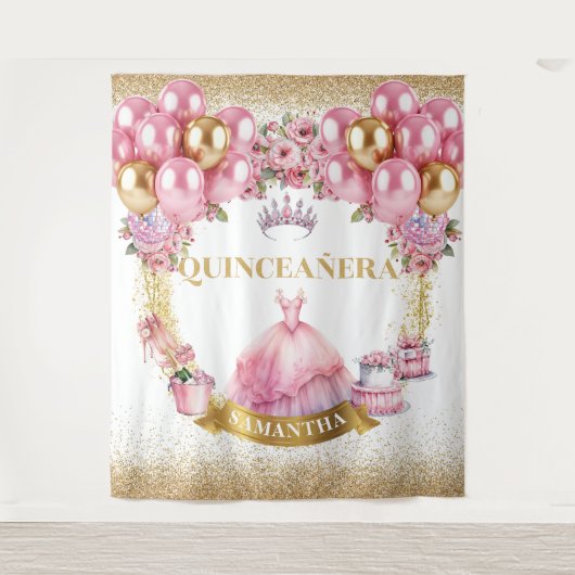 Roze Jurk Quinceañera Party Achtergrond Sparkle Wandkleed (Voorkant)