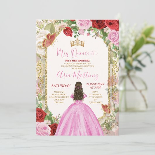 Roze Jurk Rode Bloemen Prinses Goud Mis Quince Kaart (Staand voorkant)
