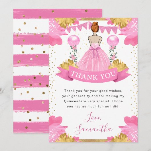 Roze jurk Rood haar Prinses Quinceanera Bedankkaart (Voorkant / Achterkant)