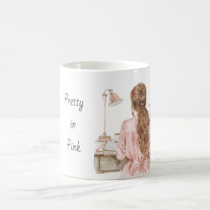 Roze Jurk Roodharige Bureau Koffiemok
