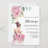 Roze jurk roos bloemenquinceanera kaart (Voorkant)