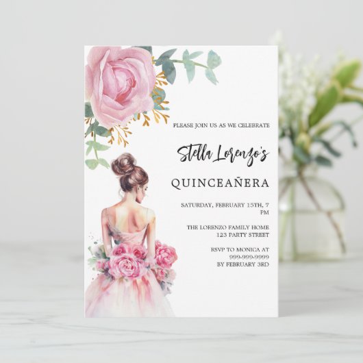 Roze jurk roos bloemenquinceanera kaart (Staand voorkant)