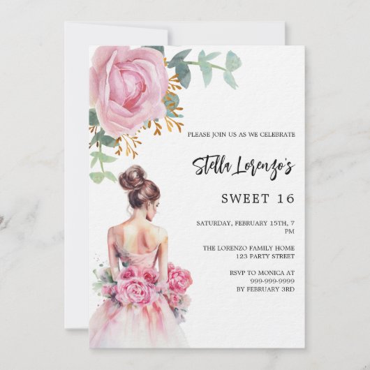 Roze jurk roos bloemenzoet 16 luxe kaart (Voorkant)