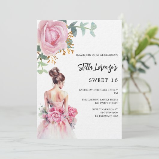 Roze jurk roos bloemenzoet 16 luxe kaart (Staand voorkant)