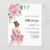 Roze jurk roos floral Sweet 16 budget uitnodiging (Voorkant)