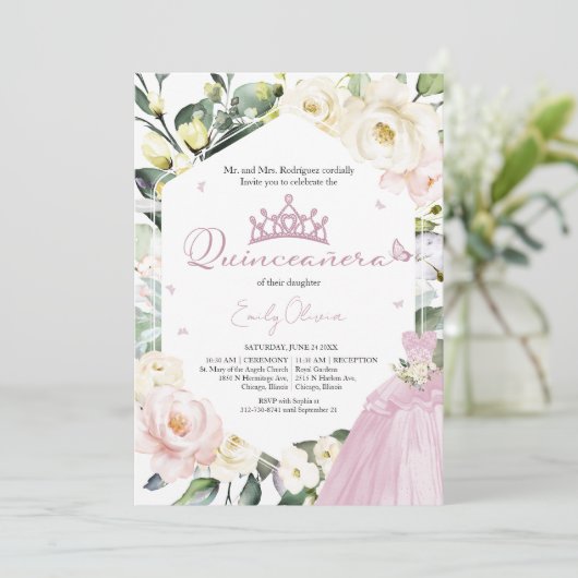 Roze Jurk Vlinder Bloem Quinceañera Tweetalig Kaart (Staand voorkant)