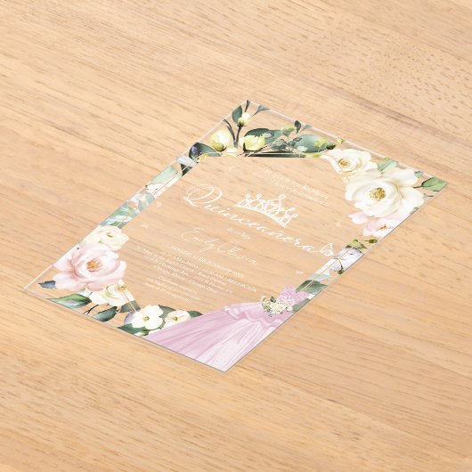 Roze Jurk Vlinder Bloemen Quinceañera Spaans Acryl Uitnodigingen (Laagn)