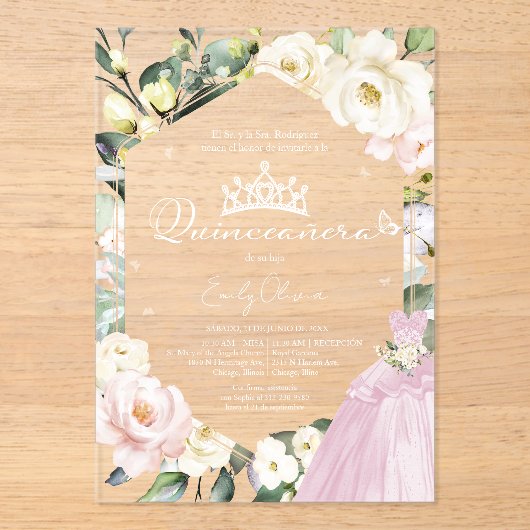 Roze Jurk Vlinder Bloemen Quinceañera Spaans Acryl Uitnodigingen (Voorkant)