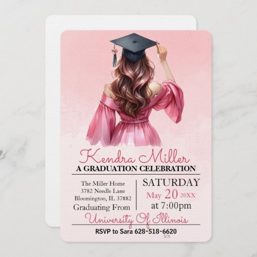 Roze jurk Waterverf Afstuderen Uitnodiging (Voorkant / Achterkant)