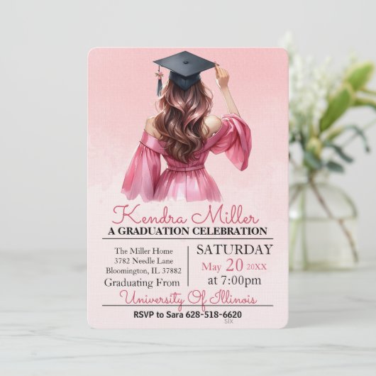 Roze jurk Waterverf Afstuderen Uitnodiging (Staand voorkant)