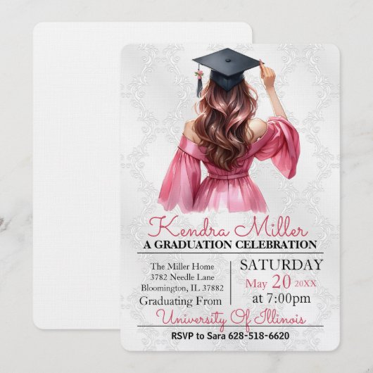 Roze jurk Waterverf Afstuderen Uitnodiging (Voorkant / Achterkant)