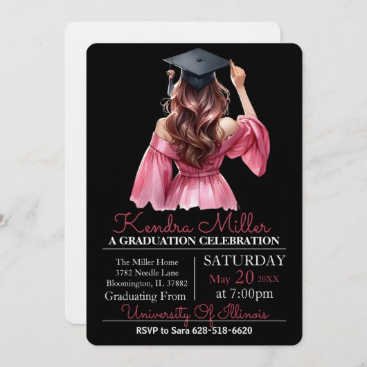 Roze jurk Waterverf Afstuderen Uitnodiging (Voorkant / Achterkant)