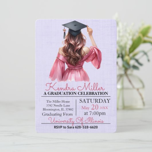 Roze jurk Waterverf Afstuderen Uitnodiging (Staand voorkant)