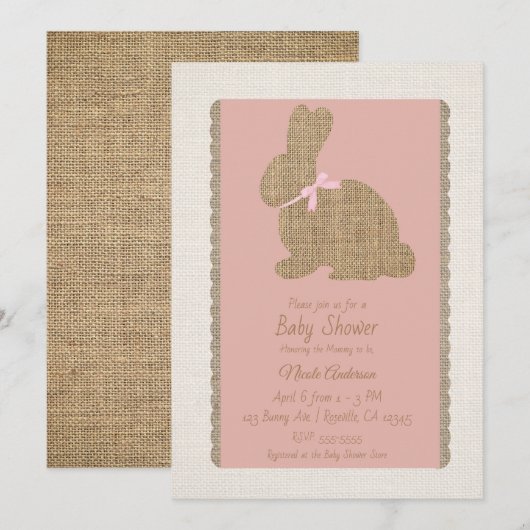 Roze & Jute Rustische Konijn Pasen Baby Shower Kaart (Voorkant / Achterkant)