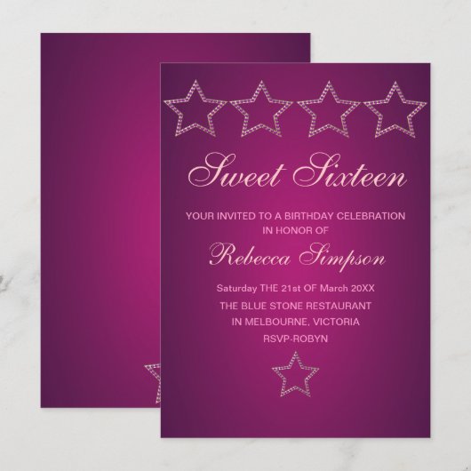 Roze Juweel Star Sweet 16 Verjaardag Uitnodigen Kaart (Voorkant / Achterkant)