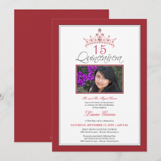 Roze juwelen Tiara Quinceanera Uitnodiging (rood) (Voorkant / Achterkant)