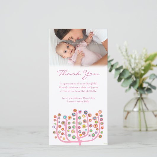 Roze kaart met dankjeweldbericht voor foto van bab (Staand voorkant)