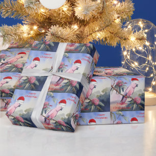 Roze kaketoe kerstman hoed vrolijk kerstfeest cadeaupapier
