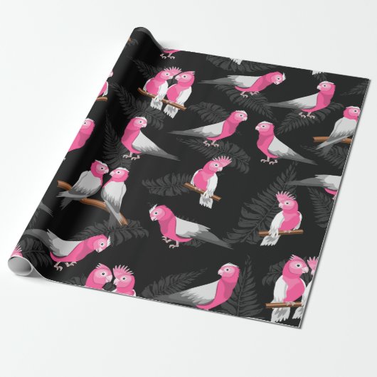 Roze kaketoes vogelpatroon cadeaupapier (Uitgerold)