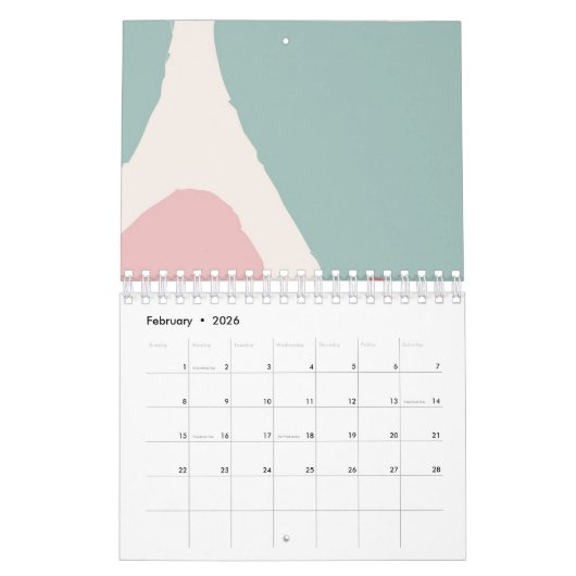 Roze kalender met abstracte kunst (Feb 2026)