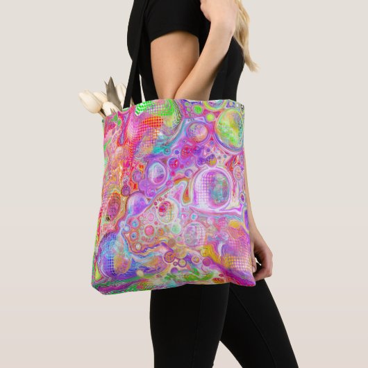 Roze, kalkgroene en blauwe bubelbare kunst tote bag (Dichtbij)