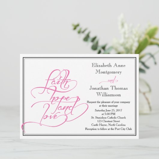 Roze kalligrafie Christelijke huwelijksuitnodiging Kaart (Staand voorkant)