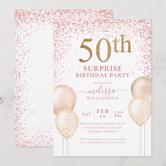 Roze kalligrafie Glitter Surprise 50th Birthday Kaart (Voorkant / Achterkant)