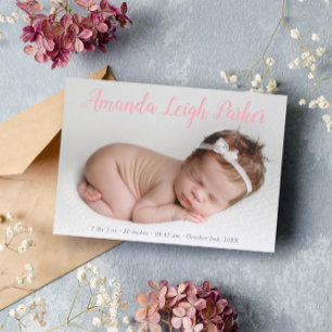 Roze kalligrafie Naam Baby Mededeling Aankondiging