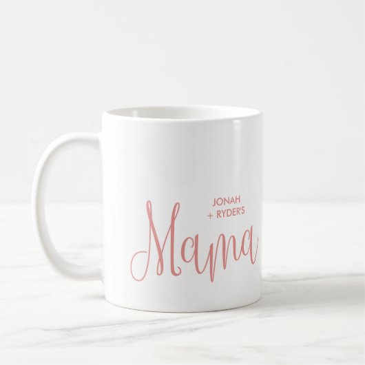 Roze kalligrafie-script mama met Kinder namen Koffiemok (Links)