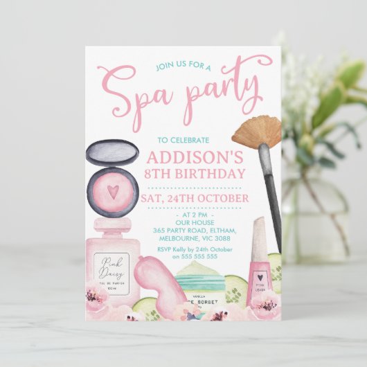 Roze Kalligrafie Spa Party Uitnodiging voor verjaa (Staand voorkant)