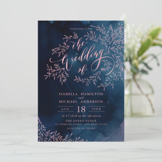 Roze kalligrafie van de zeemacht rustige bruiloft kaart (Staand voorkant)