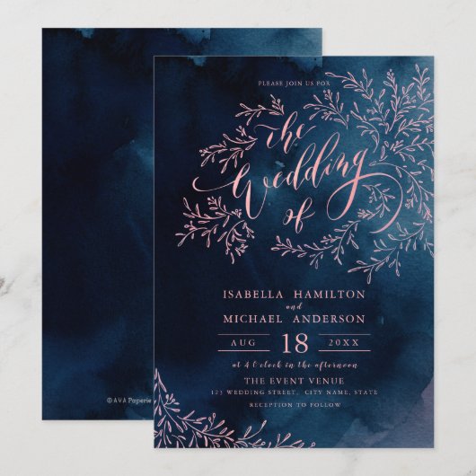 Roze kalligrafie van de zeemacht rustige bruiloft kaart (Voorkant / Achterkant)