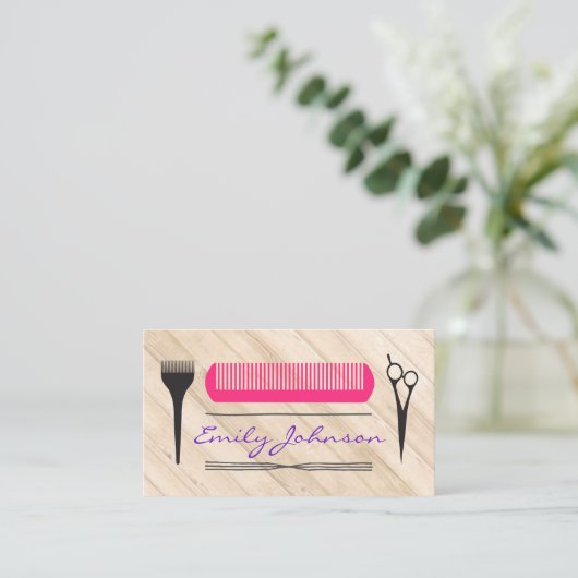 Roze kam salontool hout visitekaartje (Staand voorkant)