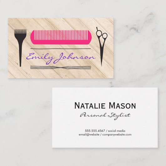 Roze kam salontool hout visitekaartje (Voorkant / Achterkant)