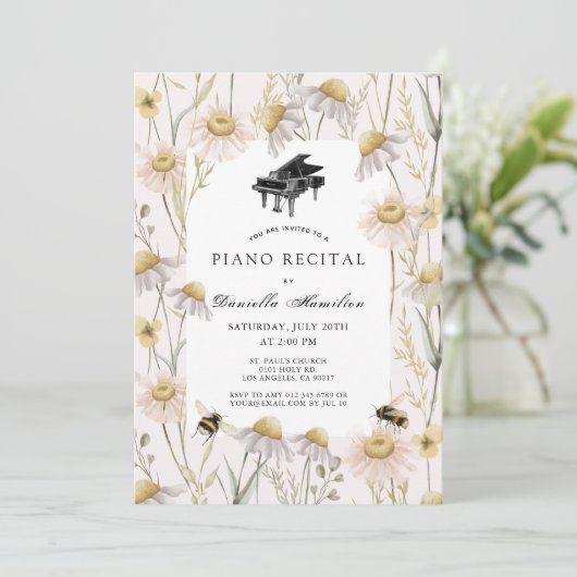 Roze kamille & bijen pianorecital kaart (Staand voorkant)