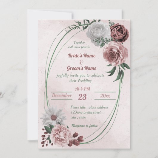 roze kaneel roos wit bloemetje geometrische bruilo kaart (Voorkant)