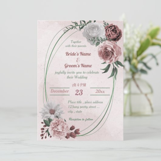 roze kaneel roos wit bloemetje geometrische bruilo kaart (Staand voorkant)