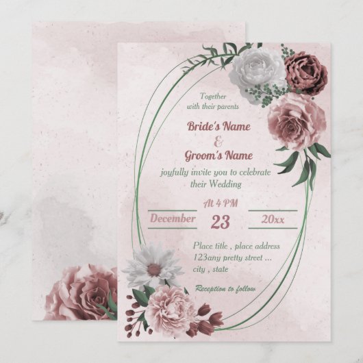 roze kaneel roos wit bloemetje geometrische bruilo kaart (Voorkant / Achterkant)