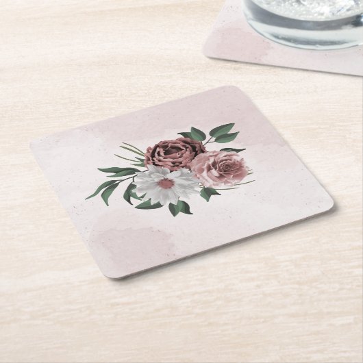 roze kaneel roos witte flora kartonnen onderzetters (Schuin)