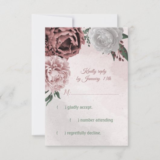 roze kaneel roos witte flora RSVP kaartje (Voorkant)