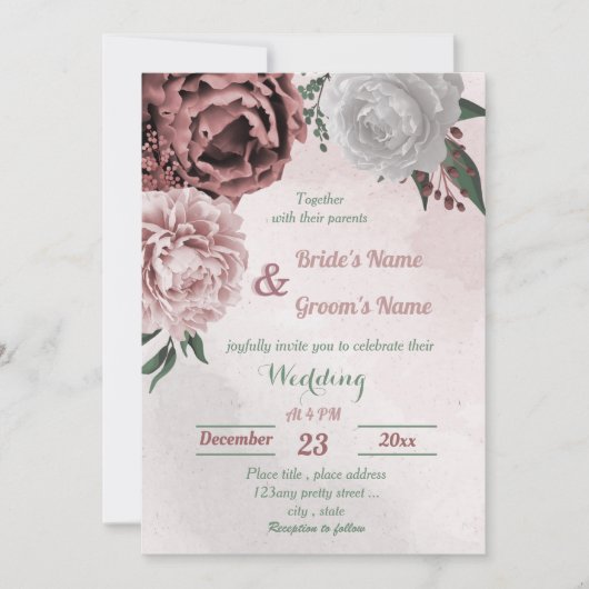roze kaneel roos witte florale bruiloft kaart (Voorkant)