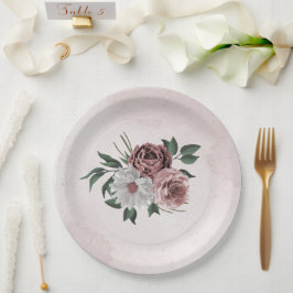 roze kaneel roos witte florale bruiloft papieren bordje