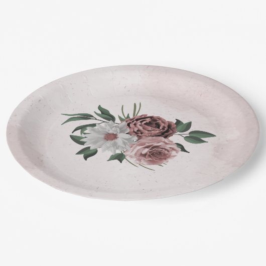 roze kaneel roos witte florale bruiloft papieren bordje (Gekanteld)