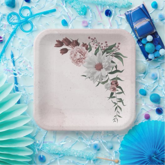 roze kaneel roos witte florale bruiloft papieren bordje (Feest)