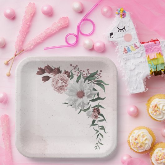 roze kaneel roos witte florale bruiloft papieren bordje (Feest)